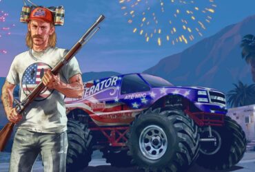 Grafika z GTA Online przedstawiająca gracza na tle Monster Trucka i fajerwerków