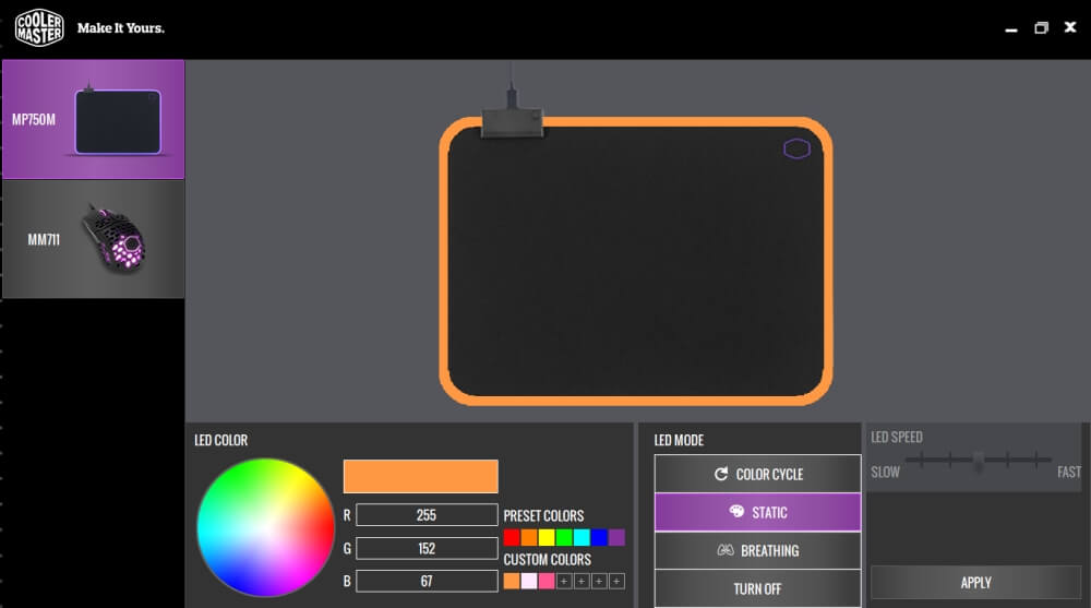 Oprogramowanie (software) Cooler Master do zarządzania podświetleniem podkładki