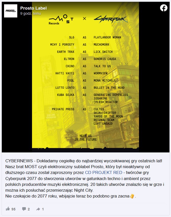 Post z Facebooka wytwórni Prosto Label o współpracy przy Cyberpunku