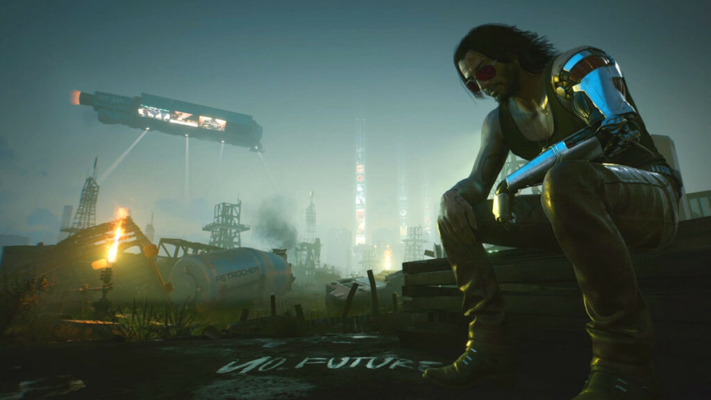 Artwork z gry Cyberpunk 2077 - Johnny Silverhand na tle Night City