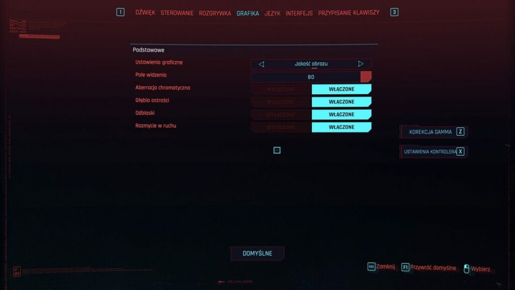 Menu ustawień graficznych w Cyberpunku 2077
