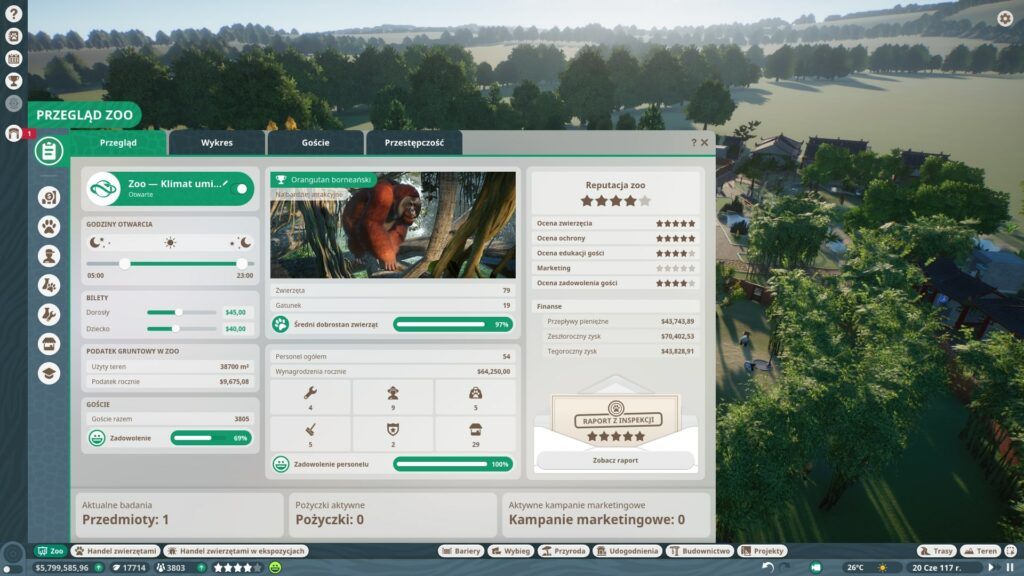 Interfejs Planet Zoo z dostępnymi opcjami
