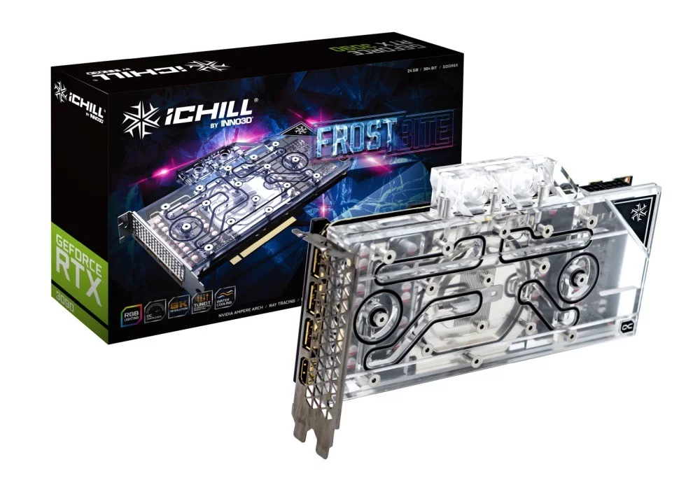 Przód oraz pudełko na kartę Inno3d RTX 3090 z chłodzeniem wodnym