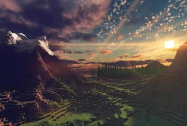 Widok na krajobraz przy zachodzacym słońce w Minecraft