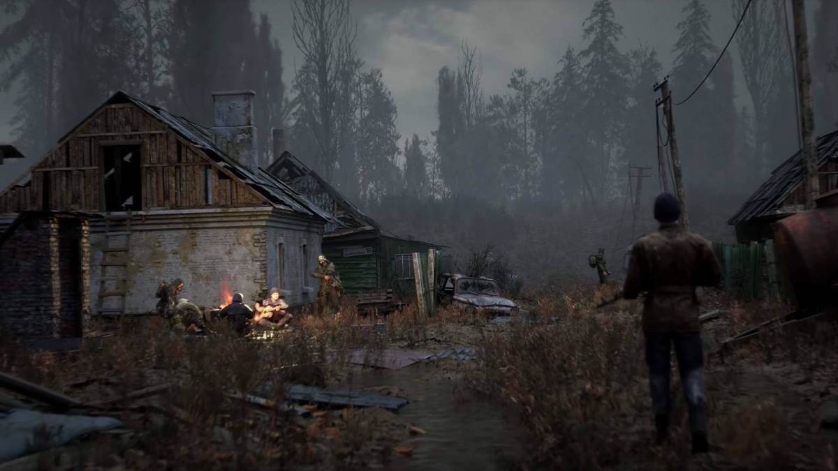 Grafika koncepcyjna z gry Stalker 2 prezentująca odświeżoną wersję wsi w Kordonie