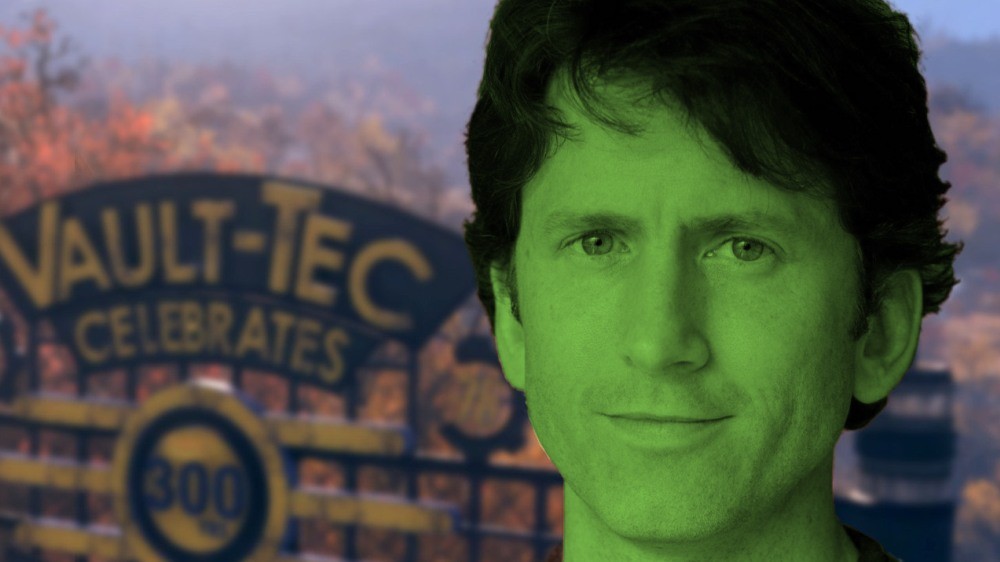 Todd Howard w kolorach Xboxa na tle świata z Fallouta