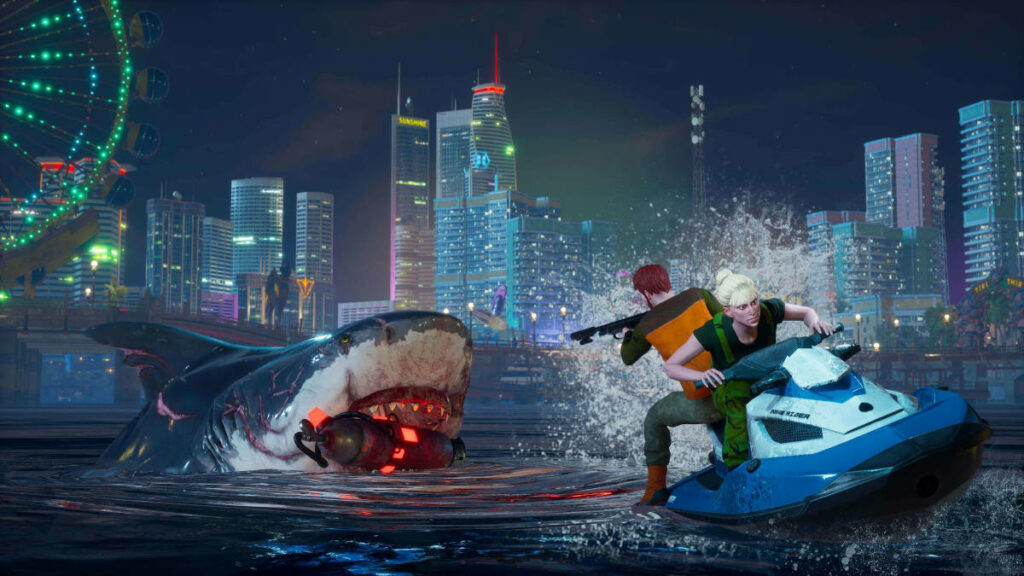 Artwork z gry Maneater - rekin ścigający ludzi