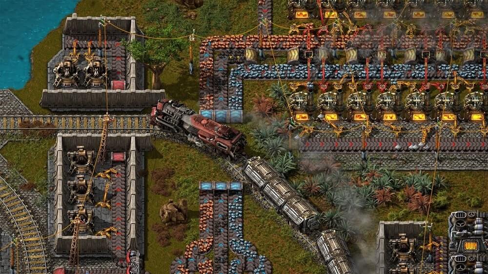 Taśmy produkcyjne i kolej w grze Factorio