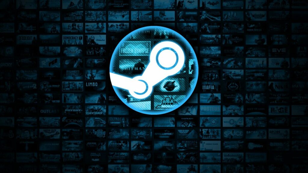 Logo Steam na tle miniatur gier.