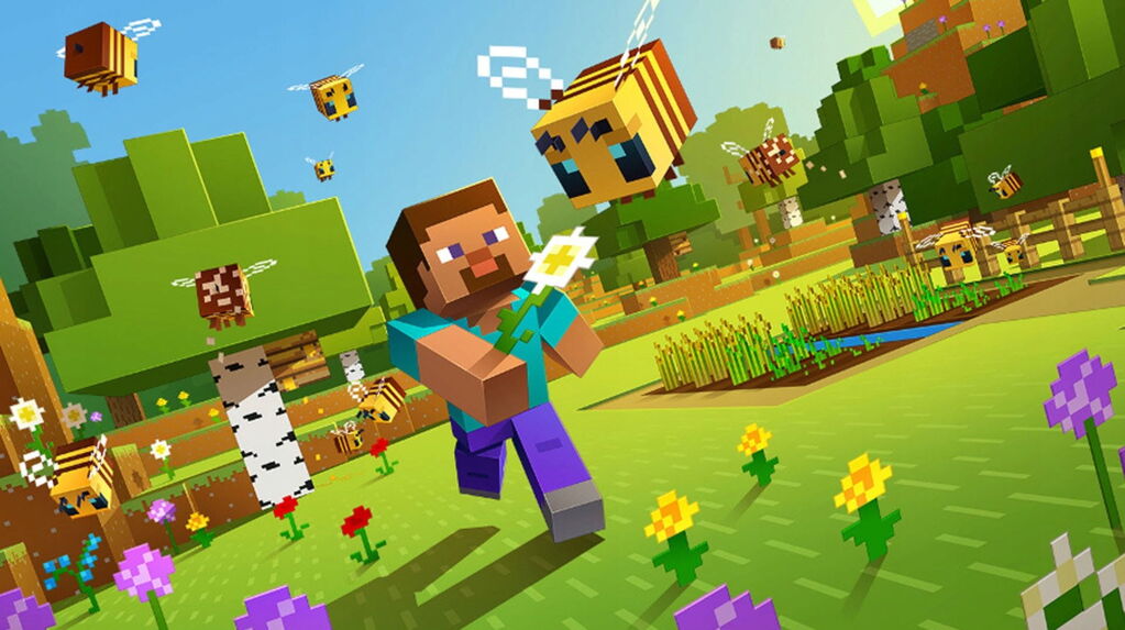 Steve z Minecrafta biegnący z kwiatkiem