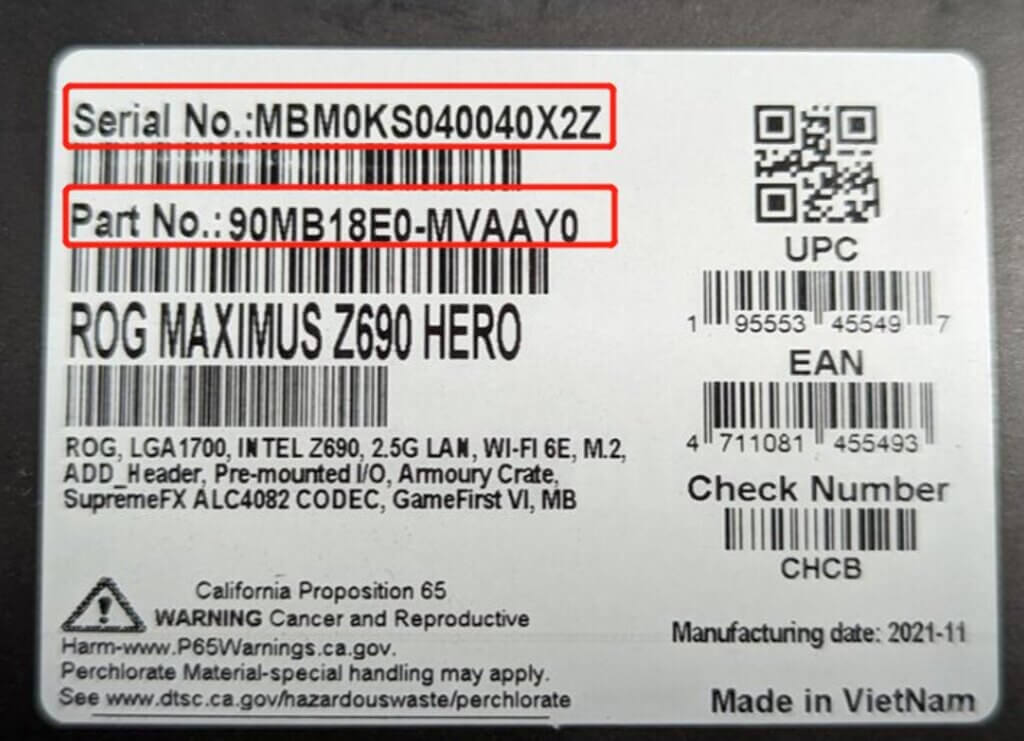 Numery seryjne oraz part number ASUS Maximus Z690 Hero