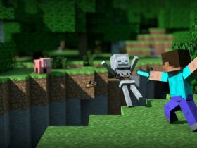 Steve z Minecrafta walczący ze szkieletem