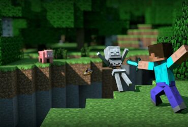 Steve z Minecrafta walczący ze szkieletem