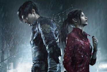 Leon i Claire stojący w deszczu