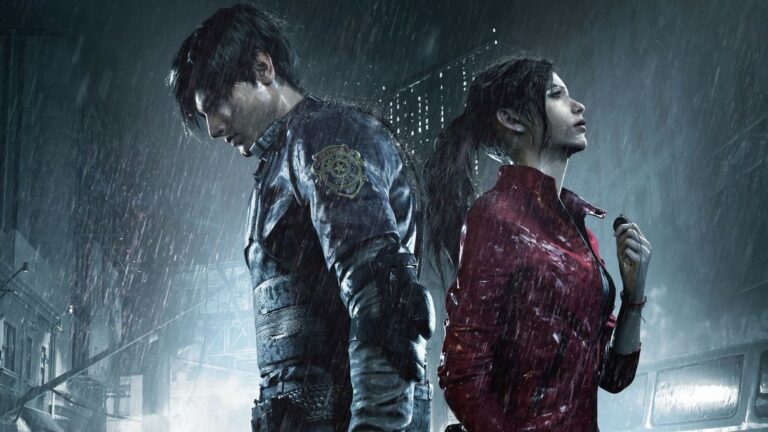 Leon i Claire stojący w deszczu