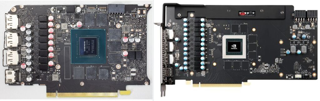 Po lewej PCB referenta RTX 3070, po prawej niereferencyjny model MSI RTX 3070 Suprim X