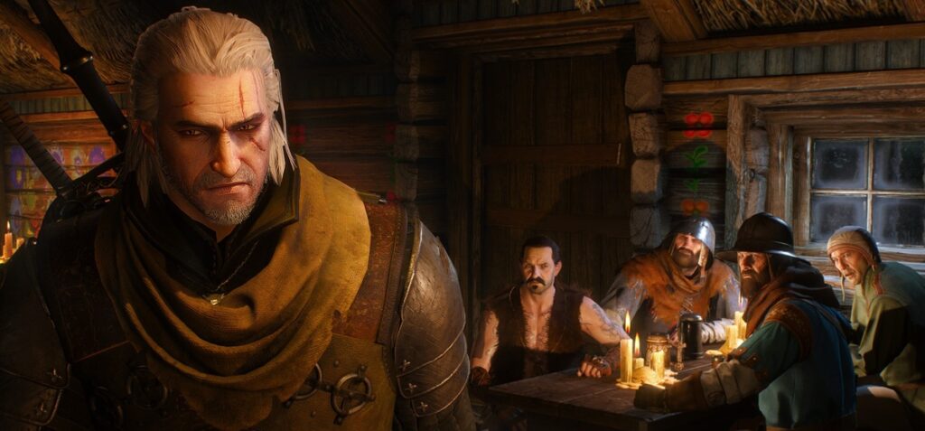 Geralt w karczmie w grze Wiedźmin 3: Dziki Gon