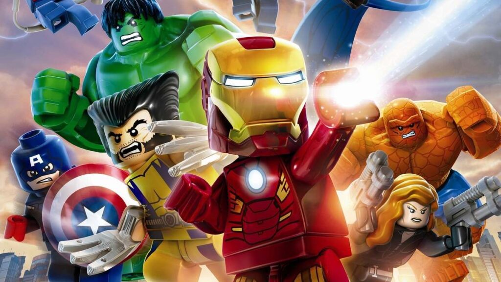 Grafika przedstawiająca panoramę postaci z gry LEGO Marvel Super Heroes