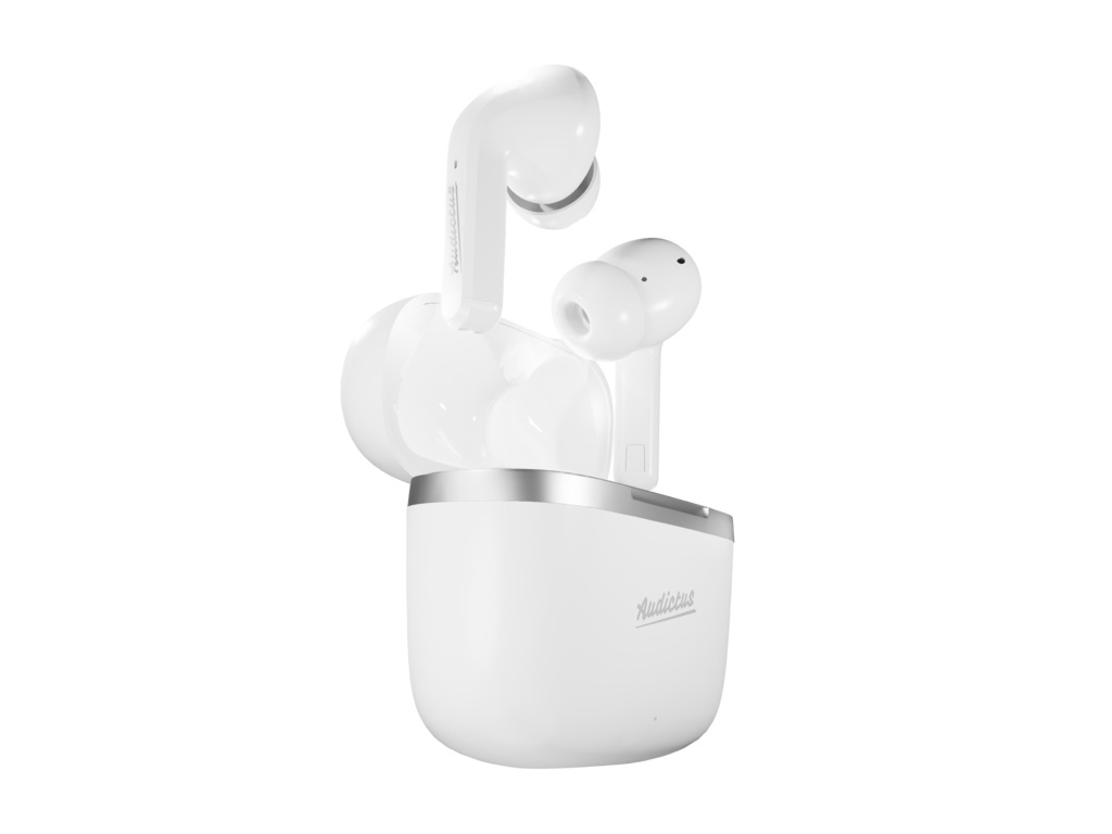 Białe słuchawki bezprzewodowe od Audictus