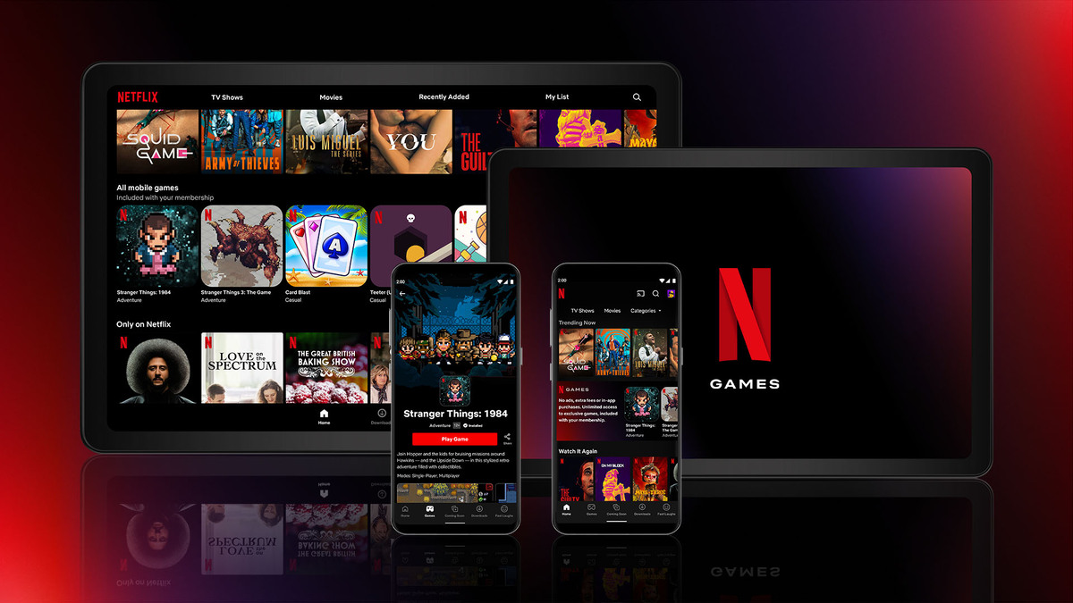 Grafika promocyjna Netflix Gry obejmująca różne urządzenia mobilne