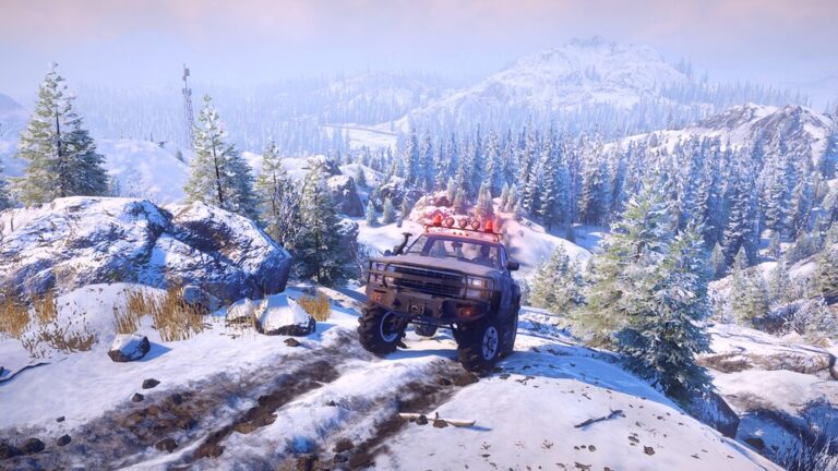 Samochód w zimowej scenerii w grze SnowRunner
