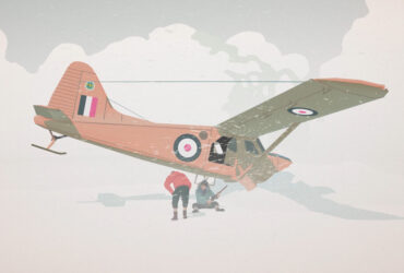 Dwie postaci, w tym Peter, przy rozbitym na Antarktydzie samolocie w grze South of the Circle