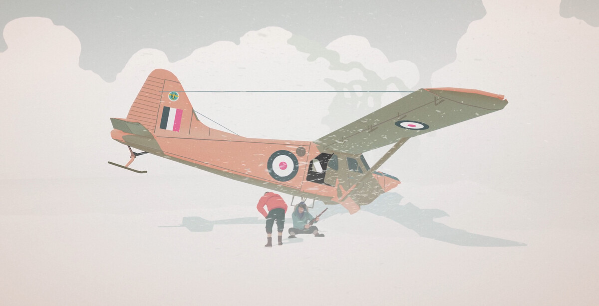 Dwie postaci, w tym Peter, przy rozbitym na Antarktydzie samolocie w grze South of the Circle