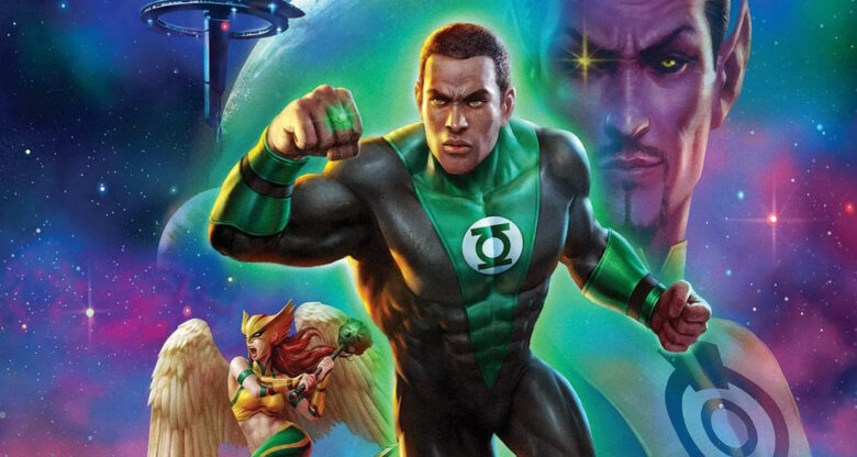 John Stewart, Hawkgirl i Sinestro na grafice z okładki filmu Green Lantern: Beware My Power