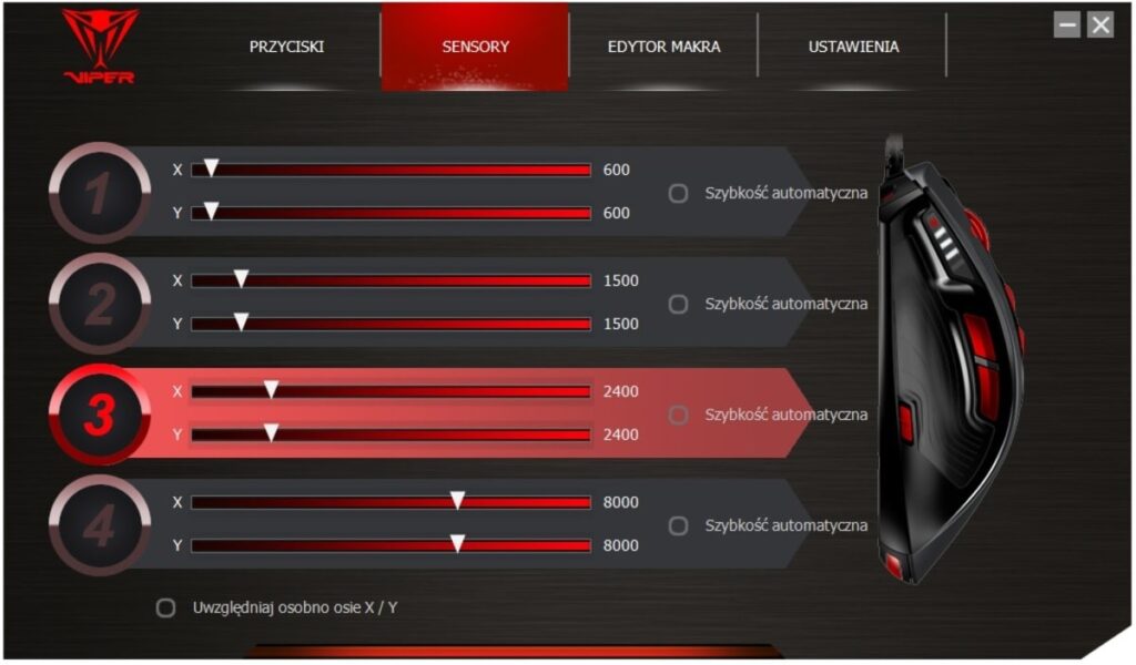 Zakładka "Sensory" w sofcie