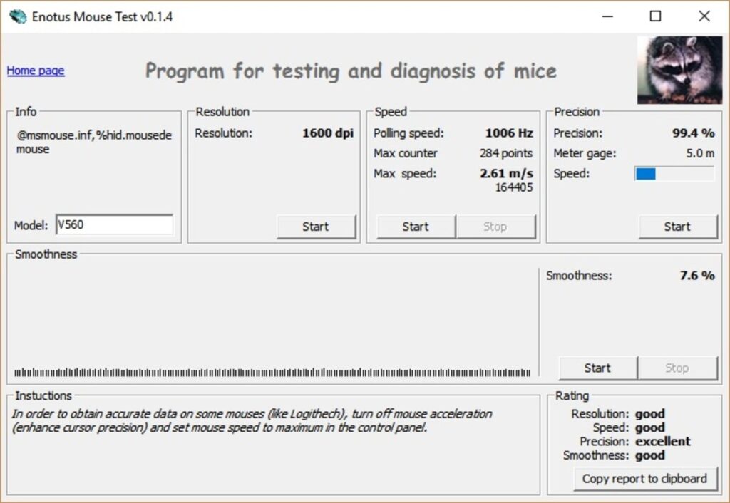 Wyniki z aplikacji Enotus Mouse Test