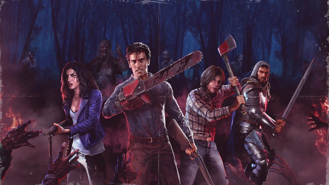 Czwórka postaci grywalnych, w tym Bruce Campbell jako Ash, na grafice promocyjnej Evil Dead: The Game