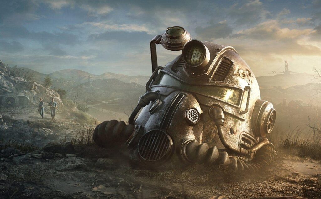 Hełm z Fallouta leżący na pustkowiu