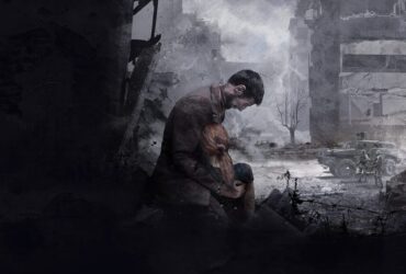 Ojciec trzymający ciało córki na grafice promocyjnej gry This War of Mine: Final Cut