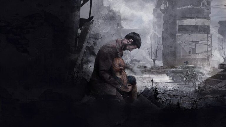 Ojciec trzymający ciało córki na grafice promocyjnej gry This War of Mine: Final Cut