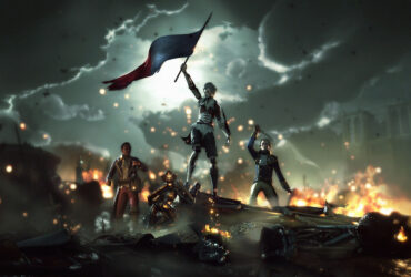 Trzy postacie z gry, w tym Aegis trzymająca wzniesioną flagę