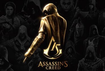 Grafika promocyjna 15. rocznicy Assassin’s Creed - złoty asasyn z wizerunkami protagonistów serii w tle