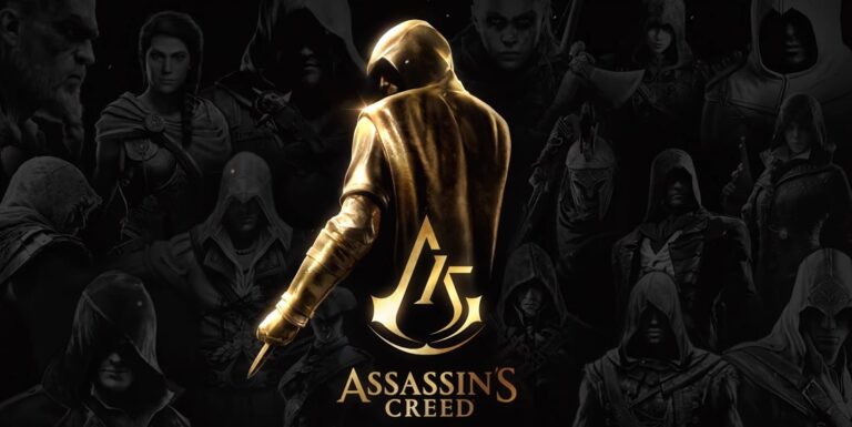 Grafika promocyjna 15. rocznicy Assassin’s Creed - złoty asasyn z wizerunkami protagonistów serii w tle