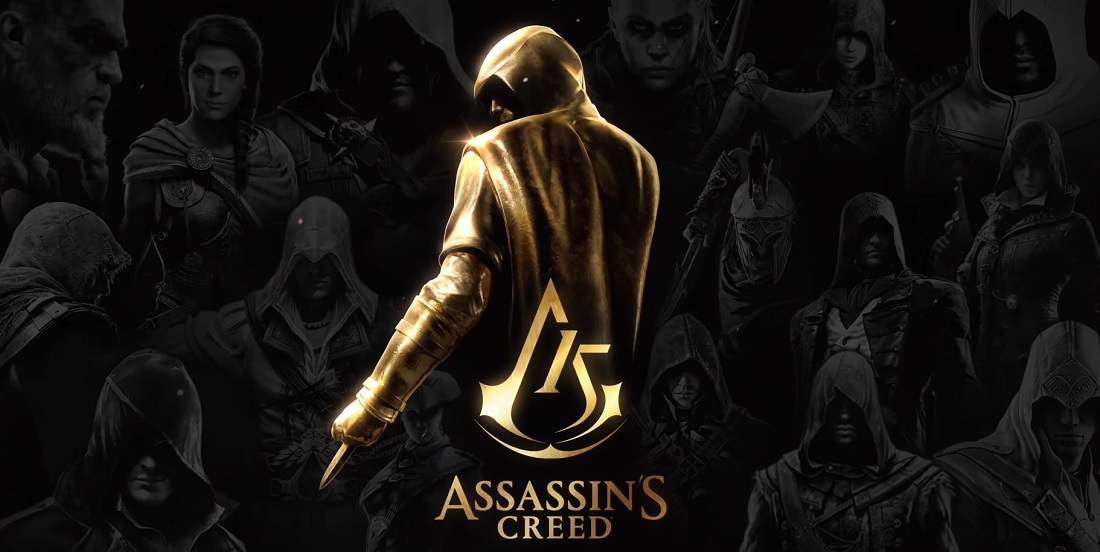 Grafika promocyjna 15. rocznicy Assassin’s Creed - złoty asasyn z wizerunkami protagonistów serii w tle