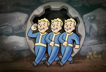 Trzej Vault Boys, maskotki serii Fallout, wychodzący z bunkra