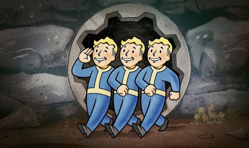 Trzej Vault Boys, maskotki serii Fallout, wychodzący z bunkra