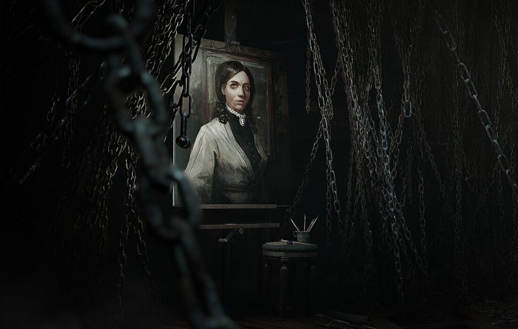 Kobieta na obrazie w ciemnym pokoju pełnym łańcuchów z gry Layers of Fears