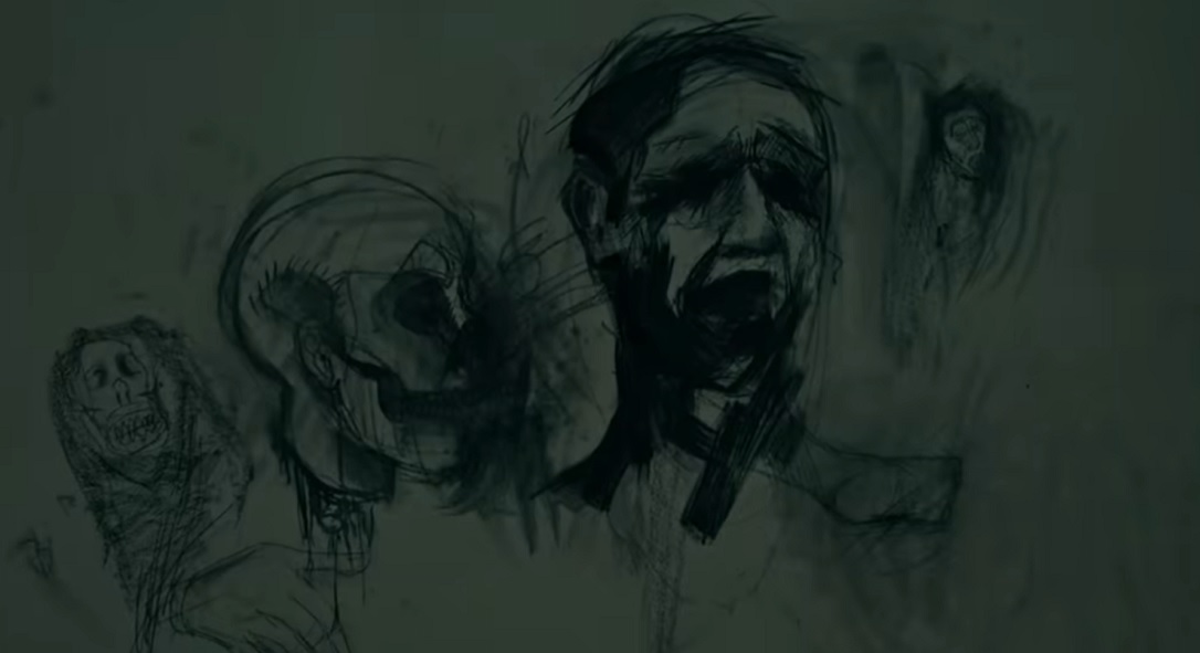Rysunek krzyczącego człowieka z czarnymi oczodołami i czaszki z teasera Cabinet of Curiosities