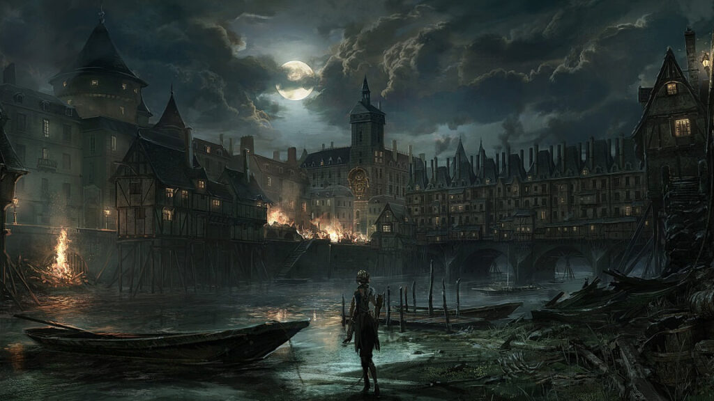 Art przedstawiający płonące ulice Paryża w grze Steelrising