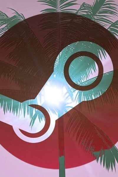 Logo platformy Steam przysłaniające palmę na różowym tle