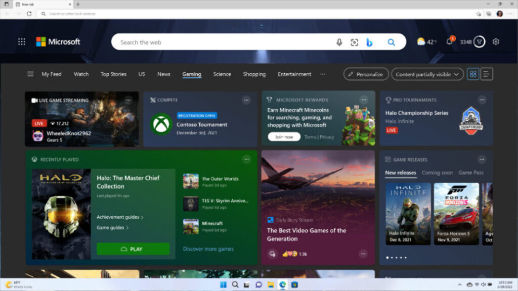 Zakładka gaming w przeglądarce Edge