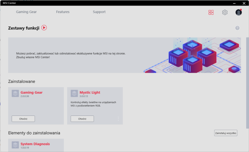 Strona główna MSI Center - zestaw funkcji