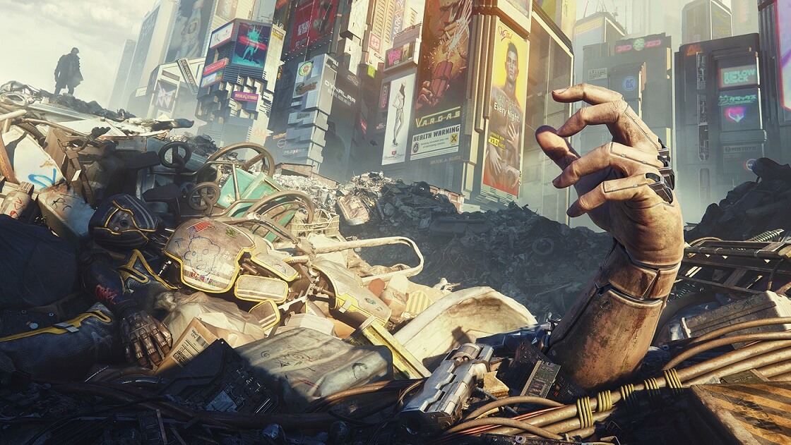 Art z gry Cyberpunk 2077 przedstawiający rękę wystającą ze śmietniska