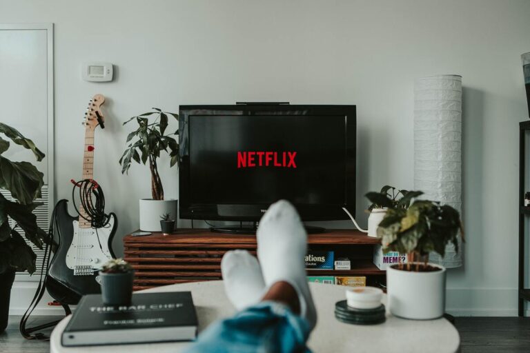 Telewizor z włączonym Netflixem stojący w pokoju