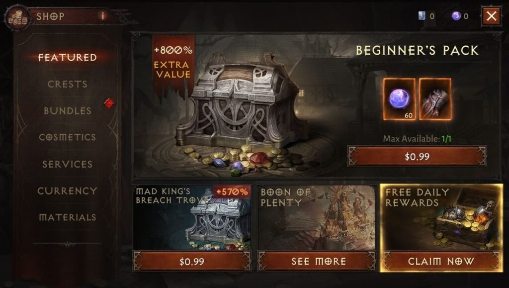 Diablo Immortal Strona główna sklepu