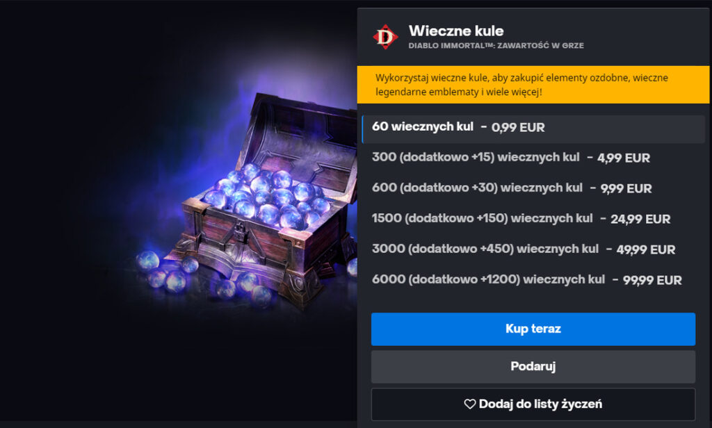 Diablo Immortal strona sklepowa z Wiecznymi Kulami